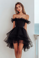 Load image into Gallery viewer, Black Tulle Off The Shoulder A Line Ruffled Short Cocktail Dress