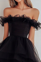 Load image into Gallery viewer, Black Tulle Off The Shoulder A Line Ruffled Short Cocktail Dress