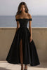 Load image into Gallery viewer, Black Satin Off The Shoulder A Line Long Formal Dress with Slit
