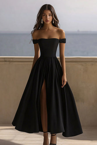 Black Satin Off The Shoulder A Line Long Formal Dress with Slit