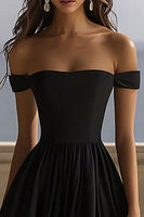 Load image into Gallery viewer, Black Satin Off The Shoulder A Line Long Formal Dress with Slit