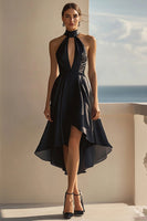 Load image into Gallery viewer, Black Chiffon Halter A Line High-Low Cocktail Dress with Keyhole