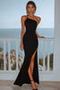 Load image into Gallery viewer, Black Satin One Shoulder Sheath Long Formal Dress with Slit