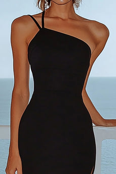Black Satin One Shoulder Sheath Long Formal Dress with Slit