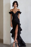 Load image into Gallery viewer, Queendancer Women Black Organza Long Formal Dress with Slit Ruffled Cold Shoulder Sheath Black Tie Dress