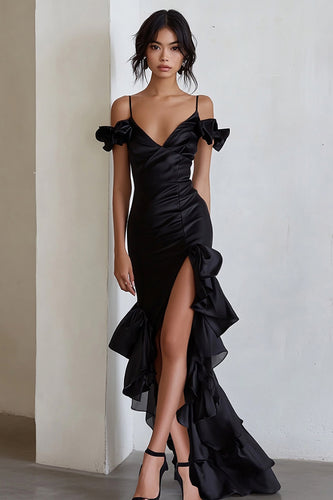 Black Cold Shoulder Ruffled Sheath Long Formal Dress