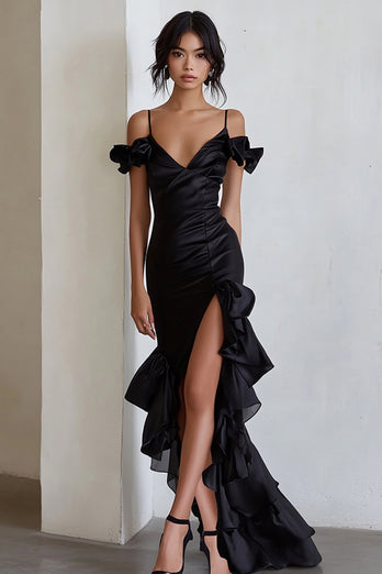 Black Cold Shoulder Ruffled Sheath Long Formal Dress