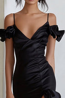 Load image into Gallery viewer, Black Organza Cold Shoulder Ruffled Sheath Long Formal Dress with Slit