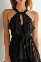 Load image into Gallery viewer, Black Chiffon Halter A Line Tiered Short Cocktail Dress with Keyhole