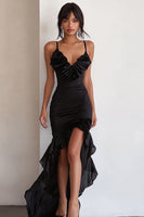 Load image into Gallery viewer, Black Bodycon Spaghetti Straps Ruffled High-Low Cocktail Dress