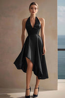 Load image into Gallery viewer, Black Satin Halter A Line Asymmetrical Cocktail Dress