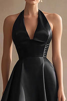 Load image into Gallery viewer, Black Satin Halter A Line Asymmetrical Cocktail Dress