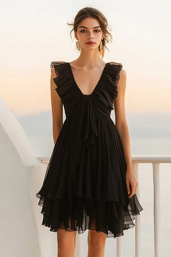 Black Chiffon A Line Ruffled V Neck Short Cocktail Dress