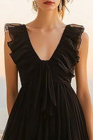 Load image into Gallery viewer, Black Chiffon A Line Ruffled V Neck Short Cocktail Dress