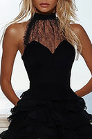 Load image into Gallery viewer, Black Lace High Neck A Line Tiered Short Cocktail Dress