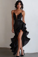 Load image into Gallery viewer, Black Satin High-Low Formal Dress with Ruffles Spaghetti Straps Mermaid Black Tie Dress with Slit