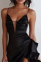 Load image into Gallery viewer, Black Satin Satin Spaghetti Straps High-Low Formal Dress with Ruffles
