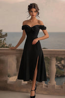 Load image into Gallery viewer, Black Satin A Line Off The Shoulder Cocktail Dress with Slit
