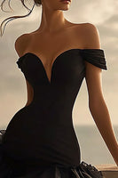 Load image into Gallery viewer, Black Off The Shoulder A Line Ruffled High-Low Cocktail Dress