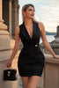 Load image into Gallery viewer, Black Deep V-Neck Bodycon Satin Short Cocktail Dress