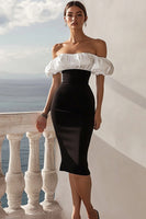 Load image into Gallery viewer, Black and White Satin Off The Shoulder Bodycon Midi Cocktail Dress