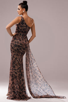 Brown Leopard Print Front Twist Long Mermaid Prom Dress with Slit