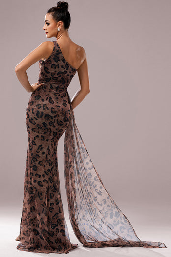 Brown Leopard Print Front Twist Long Mermaid Prom Dress with Slit