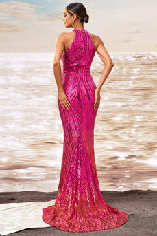 Sparkly Fuchsia Sequin Mermaid Long Prom Dress with Keyhole