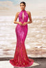 Load image into Gallery viewer, Sparkly Fuchsia Sequin Mermaid Long Prom Dress with Keyhole