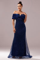 Load image into Gallery viewer, Sparkly Navy Sequin Mermaid Long Ruched Prom Dress