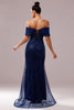 Load image into Gallery viewer, Sparkly Navy Sequin Mermaid Long Ruched Prom Dress