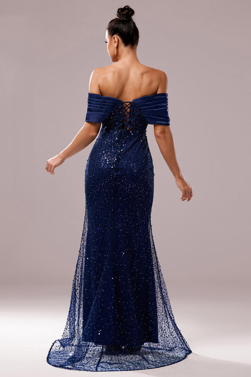 Load image into Gallery viewer, Sparkly Navy Sequin Mermaid Long Ruched Prom Dress