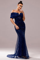 Load image into Gallery viewer, Sparkly Navy Sequin Mermaid Long Ruched Prom Dress