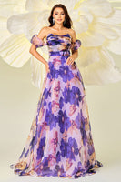Load image into Gallery viewer, Purple Floral Print A Line Detachable Sleeves Long Prom Dress
