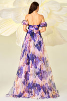 Load image into Gallery viewer, Purple Floral Print A Line Detachable Sleeves Long Prom Dress