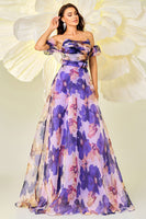 Load image into Gallery viewer, Purple Floral Print A Line Detachable Sleeves Long Prom Dress