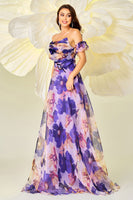 Load image into Gallery viewer, Purple Floral Print A Line Detachable Sleeves Long Prom Dress