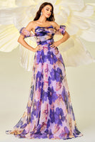 Load image into Gallery viewer, Purple Floral Print A Line Detachable Sleeves Long Prom Dress