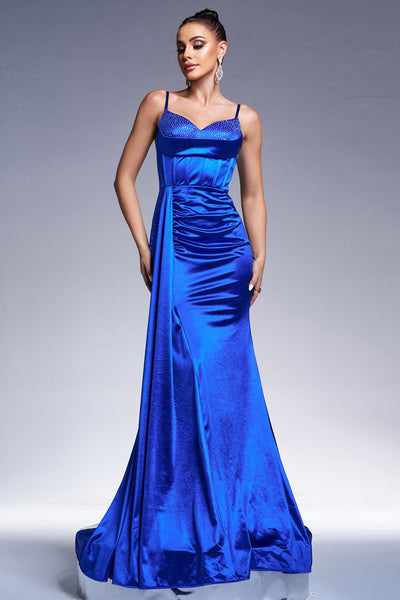 Royal Blue Mermaid Corset Long Satin Prom Dress with Beading