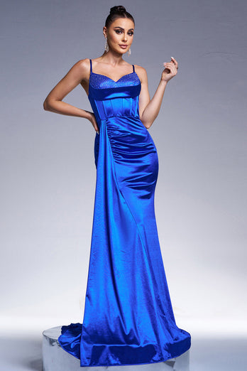 Royal Blue Mermaid Corset Long Satin Prom Dress with Beading