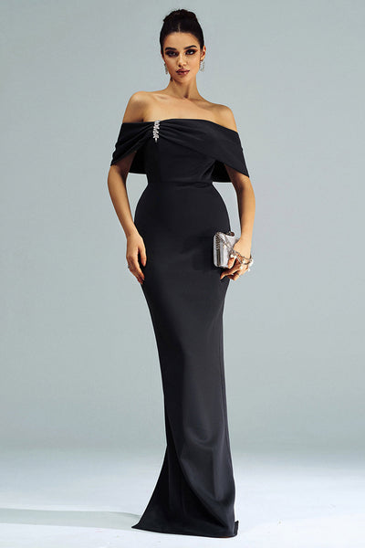 Black Off the Shoulder Satin Long Mermaid Prom Dress with Slit