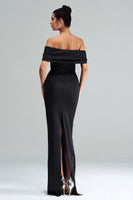Load image into Gallery viewer, Black Off the Shoulder Satin Long Mermaid Prom Dress with Slit