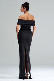 Black Off the Shoulder Satin Long Mermaid Prom Dress with Slit