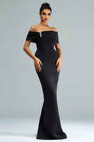 Load image into Gallery viewer, Black Off the Shoulder Satin Long Mermaid Prom Dress with Slit
