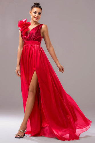 Red A Line V-Neck Long Organza Prom Dress with Slit