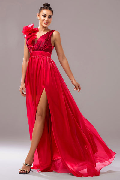 Red A Line V-Neck Long Organza Prom Dress with Slit