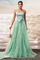 Load image into Gallery viewer, Green A Line Strapless Tulle Long Ruffled Prom Dress with Bow