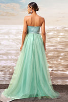 Load image into Gallery viewer, Green A Line Strapless Tulle Long Ruffled Prom Dress with Bow