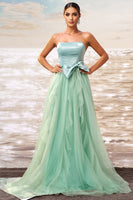 Load image into Gallery viewer, Green A Line Strapless Tulle Long Ruffled Prom Dress with Bow