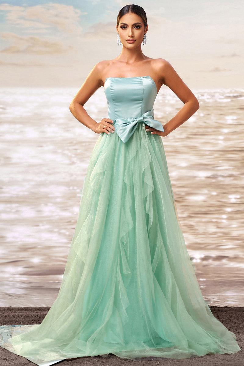 Load image into Gallery viewer, Green A Line Strapless Tulle Long Ruffled Prom Dress with Bow